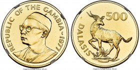 Republic gold "Sitatunga" 500 Dalasis 1977 MS68 NGC, KM19, Fr-1. Mintage: 699. A brilliant specimen in the popular conservation series that depicts a ...