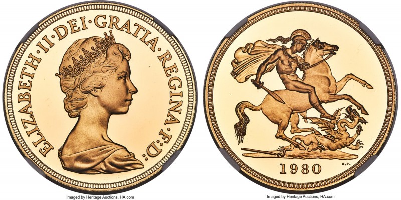 Elizabeth II gold Proof 5 Pounds 1980 PR69 Ultra Cameo NGC, KM924, Fr-419. Minta...