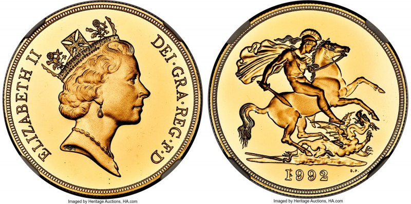 Elizabeth II gold Proof 5 Pounds 1992 PR69 Ultra Cameo NGC, KM945, Fr-422. Minta...