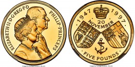 Elizabeth II gold Proof "Royal Wedding Anniversary" 5 Pounds 1997 PR69 Ultra Cameo NGC, KM977b, Fr-451. Estimated mintage: 2,750. Celebrating Elizabet...