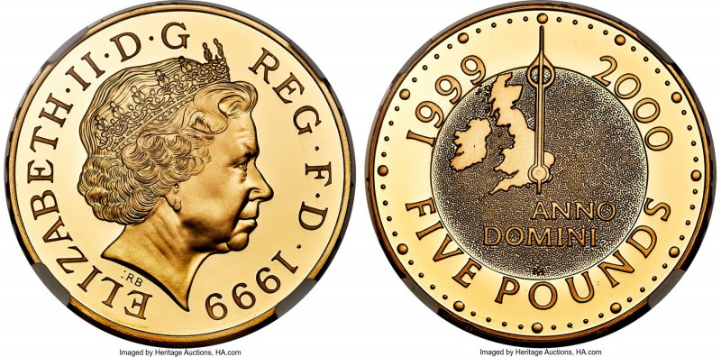 Elizabeth II gold Proof "Millennium" 5 Pounds 1999 PR69 Ultra Cameo NGC, KM1006b...