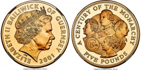 British Dependency. Elizabeth II gold Proof "Monarchy Centennial" 5 Pounds 2001 PR69 Ultra Cameo NGC, KM114b, Fr-31. Mintage: 200. Struck to commemora...