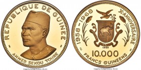 Republic gold Proof "Ahmed Sékou Touré" 10000 Francs 1969 PR66 Ultra Cameo NGC, KM20, Fr-1. Mintage: 2,300. #658. Celebrating the 10th anniversary of ...