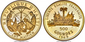 Republic gold Proof "Haitian Art" 500 Gourdes 1969-IC PR65 Ultra Cameo NGC, KM76, Fr-6. Mintage: 435, split between 1969 and 1970. #180. This pale-gol...