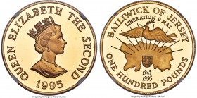 British Dependency. Elizabeth II gold Proof "Liberation" 100 Pounds 1995 PR69 Ultra Cameo NGC, KM96, Fr-33. Mintage: 500. A virtually flawless commemo...