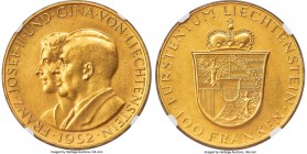 Franz Joseph II gold 100 Franken 1952 MS62 NGC, KM-Y17, Fr-19. Mintage: 4,000. A superb honey to amber gold patina envelopes this large issue. AGW 0.9...