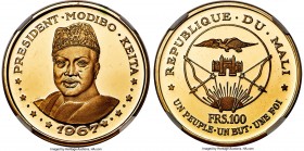 Republic gold Proof "Anniversary of Independence" 100 Francs 1967 PR68 Ultra Cameo NGC, KM8, Fr-1. Depicting President Modibo Keita, the first elected...