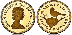 British Colony. Elizabeth II gold Proof "Flycatcher" 1000 Rupees 1975 PR69 Ultra Cameo NGC, KM42, Fr-2. Mintage: 716. Only two examples finer noted by...