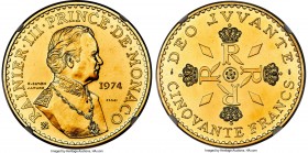 Rainier III gold Essai "25th Anniversary of Reign" 50 Francs 1974-(a) MS64 NGC, Paris mint, KM-E67, Fr-32a. A scarce gold Pattern of the 50 francs Ess...