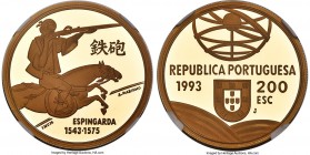 Republic gold Proof "Espingarda" 200 Escudos 1993-INCM PR70 Ultra Cameo NGC, KM666b, Fr-171. Mintage: 7,000. Commemorating the Portuguese introduction...