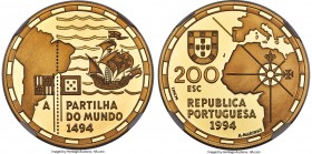 Republic gold Proof "Dividing up the World" 200 Escudos 1994-INCM PR70 Ultra Cameo NGC, KM672b, Fr-176. Mintage: 3,000. Celebrating Portugal's navigat...