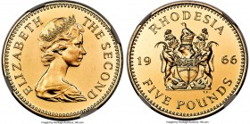 British Colony. Elizabeth II gold Proof 5 Pounds 1966 PR67 NGC, KM7, Fr-1. Mintage: 3,000. Tied with five others for finest at NGC and with no others ...