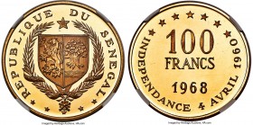 Republic gold Proof "8th Anniversary of Independence" 100 Francs 1968 PR67 Ultra Cameo NGC, KM4, Fr-1. Flashy and reflective, the obverse features a b...