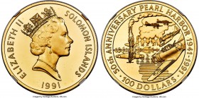 British Colony. Elizabeth II gold Proof "Pearl Harbor" 100 Dollars 1991 PR69 Ultra Cameo NGC, KM34, Fr-7. Estimated mintage: 500. Commemorating the 50...