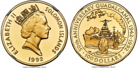 British Colony. Elizabeth II gold Proof "Battle of Guadalcanal" 100 Dollars 1992 PR69 Ultra Cameo NGC, KM45, Fr-15. Estimated mintage: 500. An example...