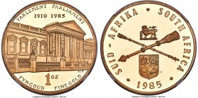Republic gold Proof "75th Parliament Anniversary" Ounce 1985 PR69 Ultra Cameo NGC, Pretoria mint, KM118, Fr-13. Mintage: 3,019. Struck to commemorate ...