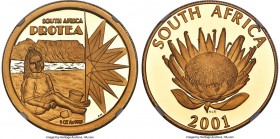 Republic gold Proof "Tourism" Protea 2001 PR70 Ultra Cameo NGC, Pretoria mint, KM263, Fr-B21. Mintage: 972. Paying tribute to the South African touris...