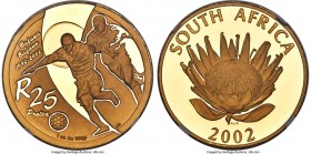 Republic gold Proof "Protea - Soccer" 25 Rand 2002 PR68 Ultra Cameo NGC, Pretoria mint, KM279, Fr-B21. Mintage: 137. This specimen was minted to comme...
