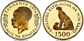 Republic gold Proof "Cheetahs" 1500 Shilingi 1974 PR69 Ultra Cameo NGC, KM9, Fr-1. Mintage: 866. A beautiful specimen with even, yellow-gold motifs an...