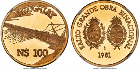 Republic gold Proof Pattern "Hydroelectric Dam" 100 Nuevos Pesos 1981-So PR62 Ultra Cameo NGC, Santiago mint, KM-PnA114. Featuring a hydroelectric dam...