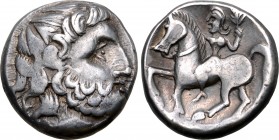 Celts in Eastern Europe AR Tetradrachm. Zweigarm Type. Circa 3rd century BC. Celticised, bearded head of Zeus to right / Stylised rider wearing creste...