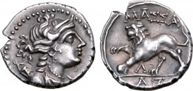 Gaul, Massalia AR Drachm. Circa 125-90 BC. Laureate head of Artemis to right, wearing pendant earring and pearl necklace, bow and quiver over shoulder...