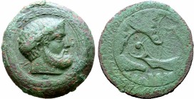 Etruria, uncertain mint (Populonia?) Æ 100 Units (Centesimae). Late 4th-3rd century BC. Laureate and bearded head of Tinia to right, ƆIC (mark of valu...