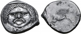 Etruria, Populonia AR 20 Asses. 3rd century BC. Facing head of Metus, tongue protruding, hair bound with diadem; X:X below / Blank. EC I, 37.219 (this...