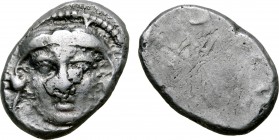 Etruria, Populonia AR 20 Asses. 3rd century BC. Facing youthful head of Hercle, wearing lion skin knotted at neck; X-X (mark of value) across fields /...