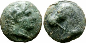 Central Italy, uncertain mint Cast Æ As or Nummus. Circa 275 BC. Head of young Herakles to right, wearing lion skin headdress / Head of bridled horse ...