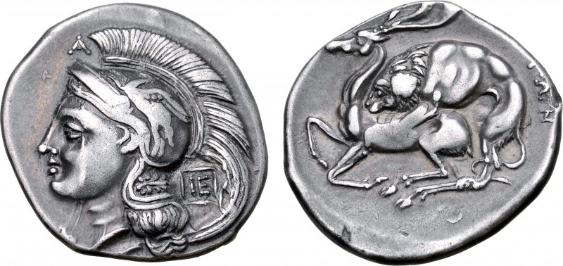 Lucania, Velia AR Didrachm. Circa 290-275 BC. Head of Athena to left, wearing cr...
