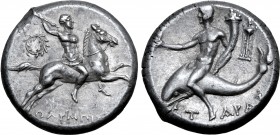 Calabria, Tarentum AR Nomos. Circa 240-228 BC. Olympis, magistrate. Warrior on horseback to right, brandishing spear in right hand and holding reins w...