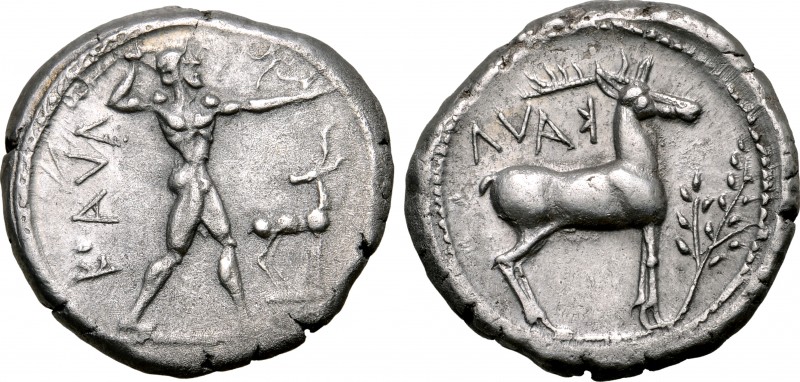 Bruttium, Kaulonia AR Stater. Circa 475-425 BC. Nude Apollo walking to right, ho...