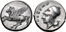 Bruttium, Lokroi Epizephyrioi AR Stater. Circa 350-275 BC. Pegasos flying to left / Head of Athena to left, wearing Corinthian helmet; ΛOKPΩN around. ...