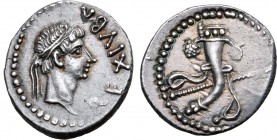 Kingdom of Mauretania, Juba II AR Denarius. Caesarea, circa 25 BC-AD 24. REX IVBA, diademed head to right / Cornucopiae with fillet hanging to either ...