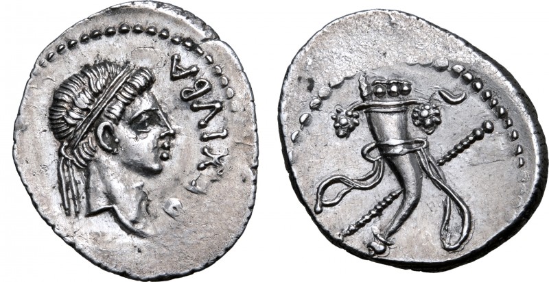 Kingdom of Mauretania, Juba II AR Denarius. Caesarea, circa 25 BC-AD 24. REX IVB...