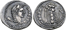 Kingdom of Mauretania, Juba II AR Denarius. Caesarea, dated year 42 = AD 17/18. REX IVBA, head of Juba II as Herakles to right, wearing lion skin head...