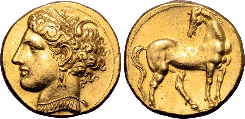 North Africa, Carthage AV Trihemistater. Circa 270-264 BC. Wreathed head of Tani...