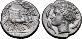 Sicily, Siculo-Punic AR Tetradrachm. Lilybaion (as 'Cape of Melkart'), circa 330-305 BC. Charioteer driving fast quadriga to right; Nike above flying ...