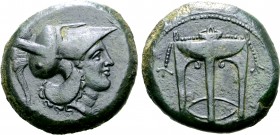 Sicily, Ameselon Æ 26mm. After 339/8 BC. Head of Athena to right, wearing crested Corinthian helmet / Filleted tripod. Campana 1; CNS III 1; HGC 2, 22...