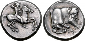 Sicily, Gela AR Didrachm. Circa 490/85-480/75 BC. Nude warrior, holding javelin, on horseback to right / Forepart of man-headed bull to right, CEΛA (r...