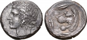 Sicily, Leontinoi AR Tetradrachm. Circa 430-420 BC. Laureate head of Apollo to left / Lion head to left, with open jaws and tongue protruding; three b...