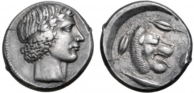 Sicily, Leontinoi AR Tetradrachm. Circa 425-420 BC. Laureate head of Apollo to r...