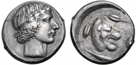 Sicily, Leontinoi AR Tetradrachm. Circa 425-420 BC. Laureate head of Apollo to right / LEONTINON, head of roaring lion to right, with open jaws and to...