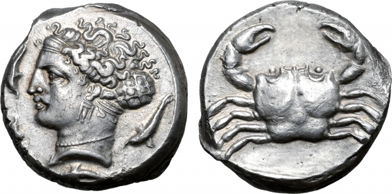 Sicily, Motya AR Tetradrachm. Circa 400-397 BC. Head of Arethusa to left, hair i...
