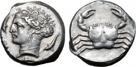 Sicily, Motya AR Tetradrachm. Circa 400-397 BC. Head of Arethusa to left, hair in ampyx and sakkos; four dolphins swimming around / Crab. Jenkins, Pun...