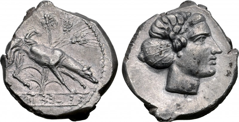 Sicily, Segesta AR Didrachm. Circa 412/10-400 BC. Hound scenting to right, three...