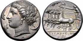 Sicily, Syracuse AR Tetradrachm. Time of Agathokles, circa 310-305 BC. Wreathed head of Arethusa to left, wearing triple-pendent earring and necklace;...