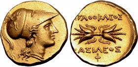Sicily, Syracuse AV Oktobol. Time of Agathokles, circa 306-289 BC. Head of Athena to right, wearing crested Corinthian helmet decorated with griffin, ...