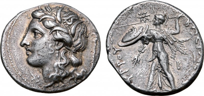 Sicily, Syracuse AR Oktobol. Time of Pyrrhos of Epeiros, 278-276 BC. Wreathed he...